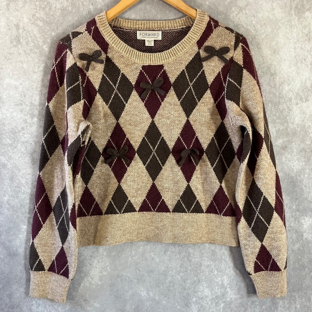 Forward Argyle Sweater Womens Medium‎ Tan Burgundy Bow Accent Knit Top M